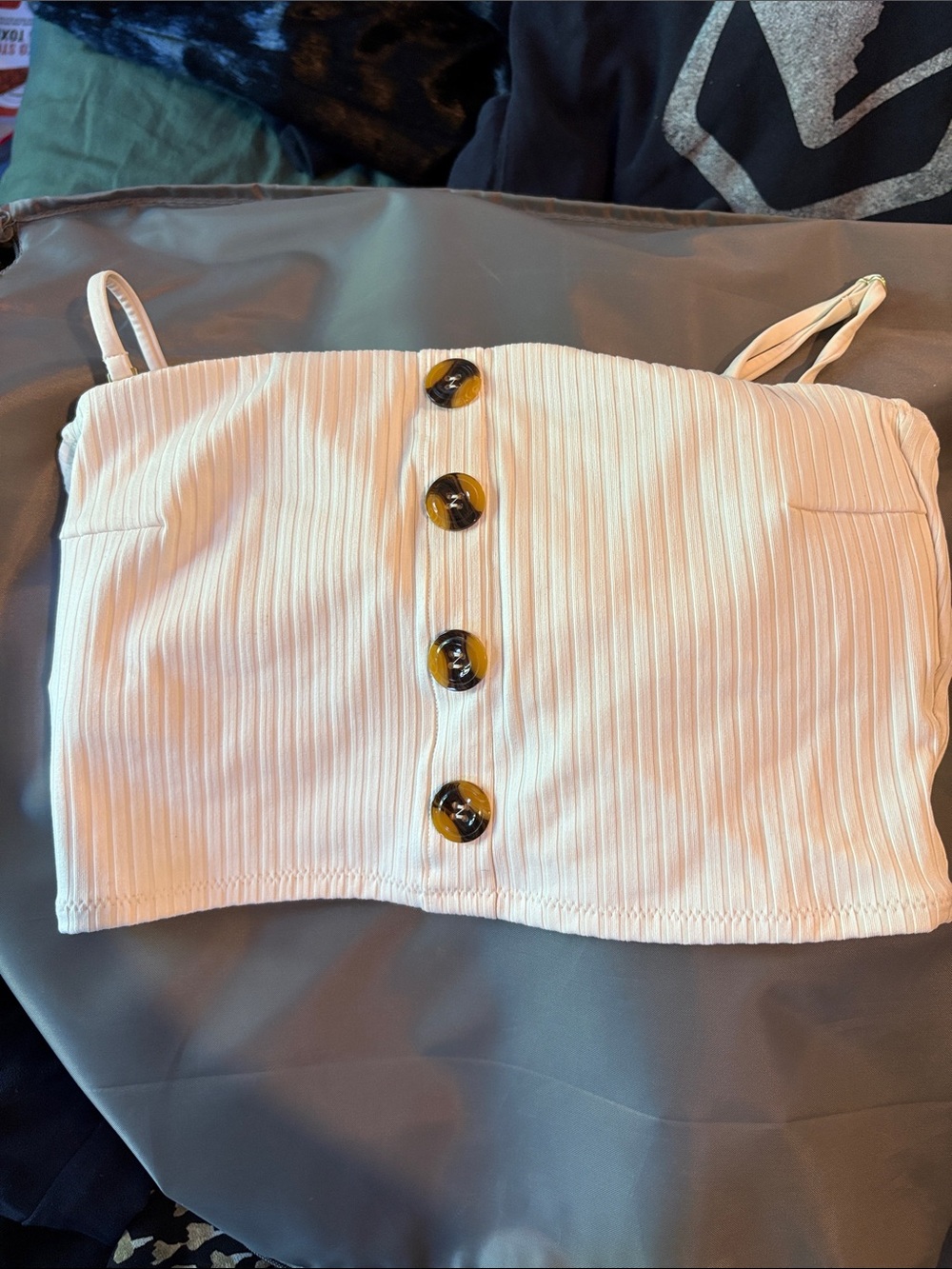 White Ribbed Button Tankini top - Picture 3 of 4
